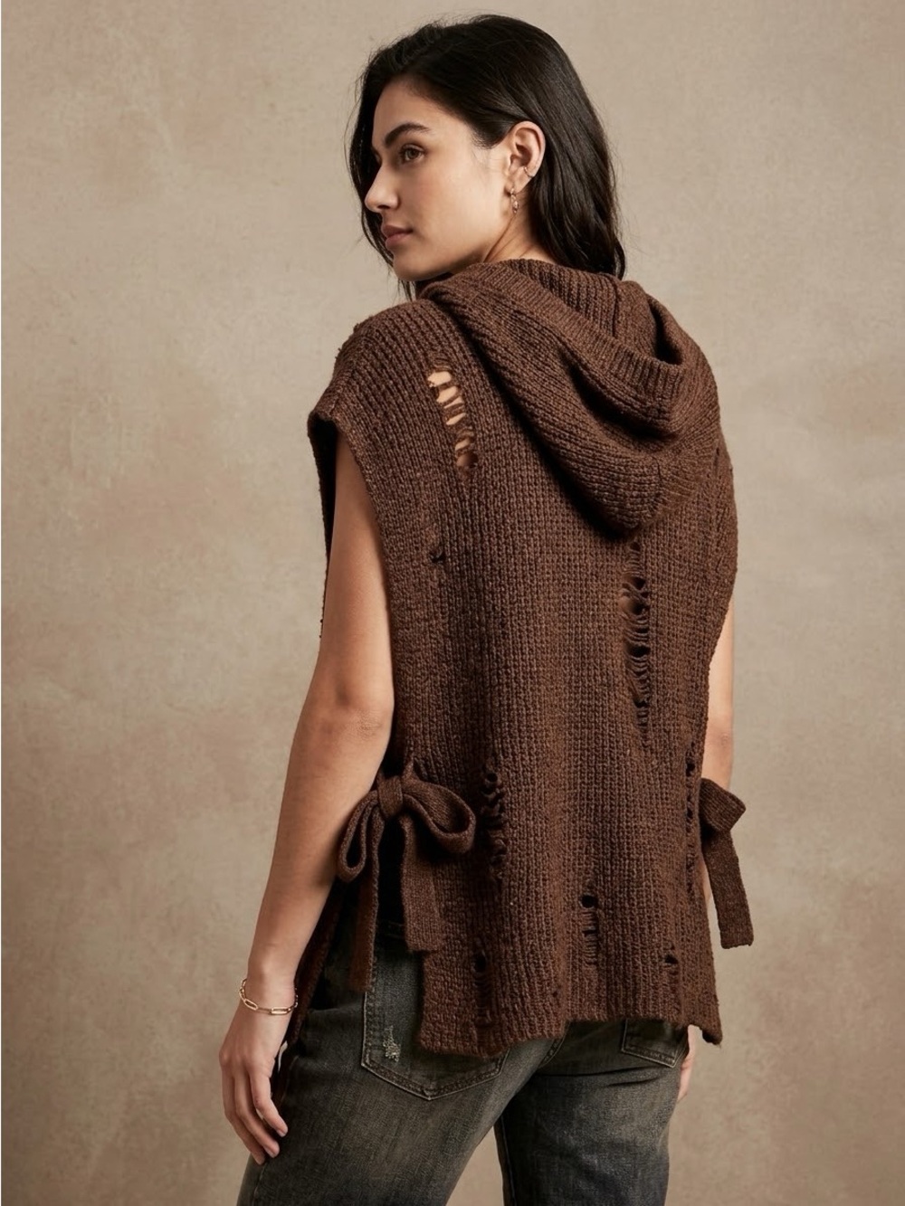 Urban Outfitters Distressed Cowl-Hooded Knit Tunic O/S Gothic Poncho